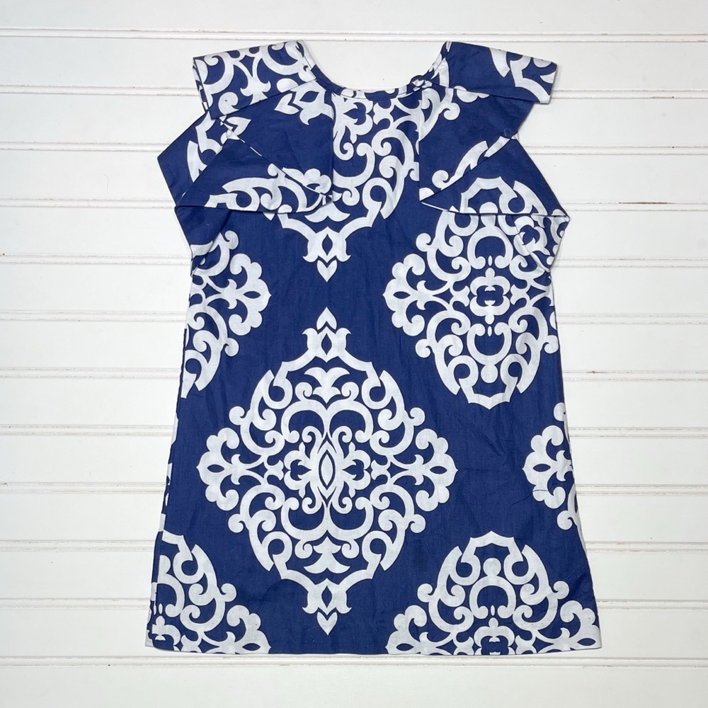LE ZA ME EUC/NWOT 100% Cotton Navy Ruffle Sleeve Patterned Drese